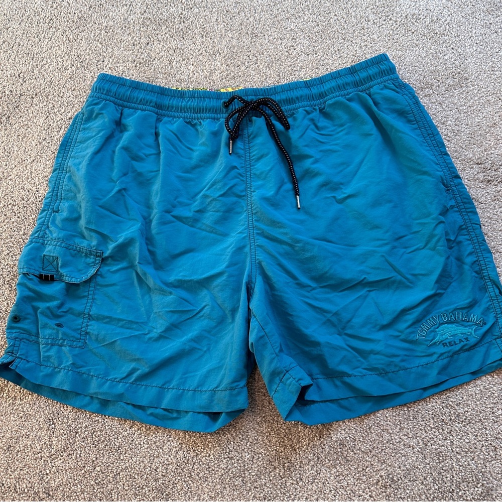 Tommy Bahama Swim Trunks Men’s XL Teal Blue Summer Happy Go Cargo Surf Beach